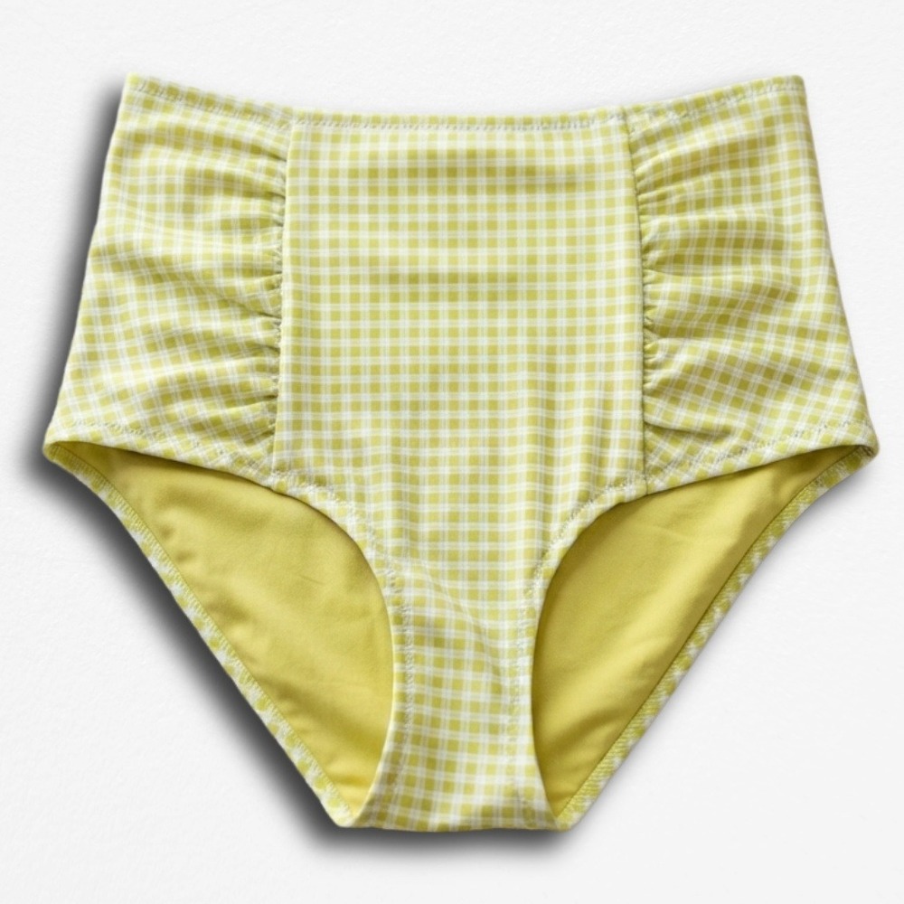 Aerie Lime Green Gingham High Waisted Ruched Bikini Bottoms Retro Swim Size M